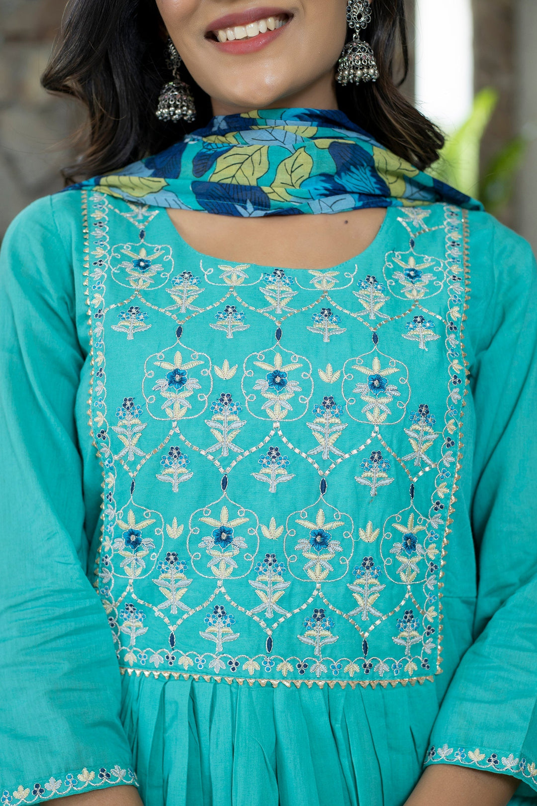 Turquoise Floral Printed Cotton Suit Set