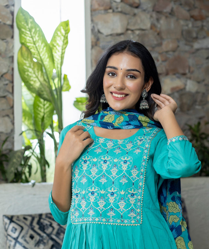 Turquoise Floral Printed Cotton Suit Set