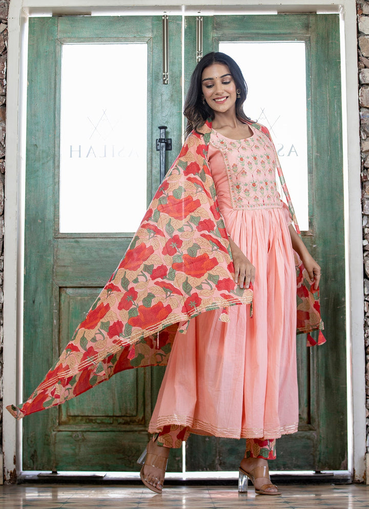 Peach Floral Printed Embroidery Cotton Suit Set