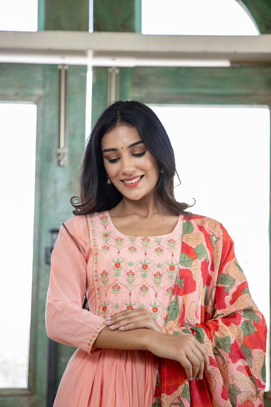 Peach Floral Printed Embroidery Cotton Suit Set