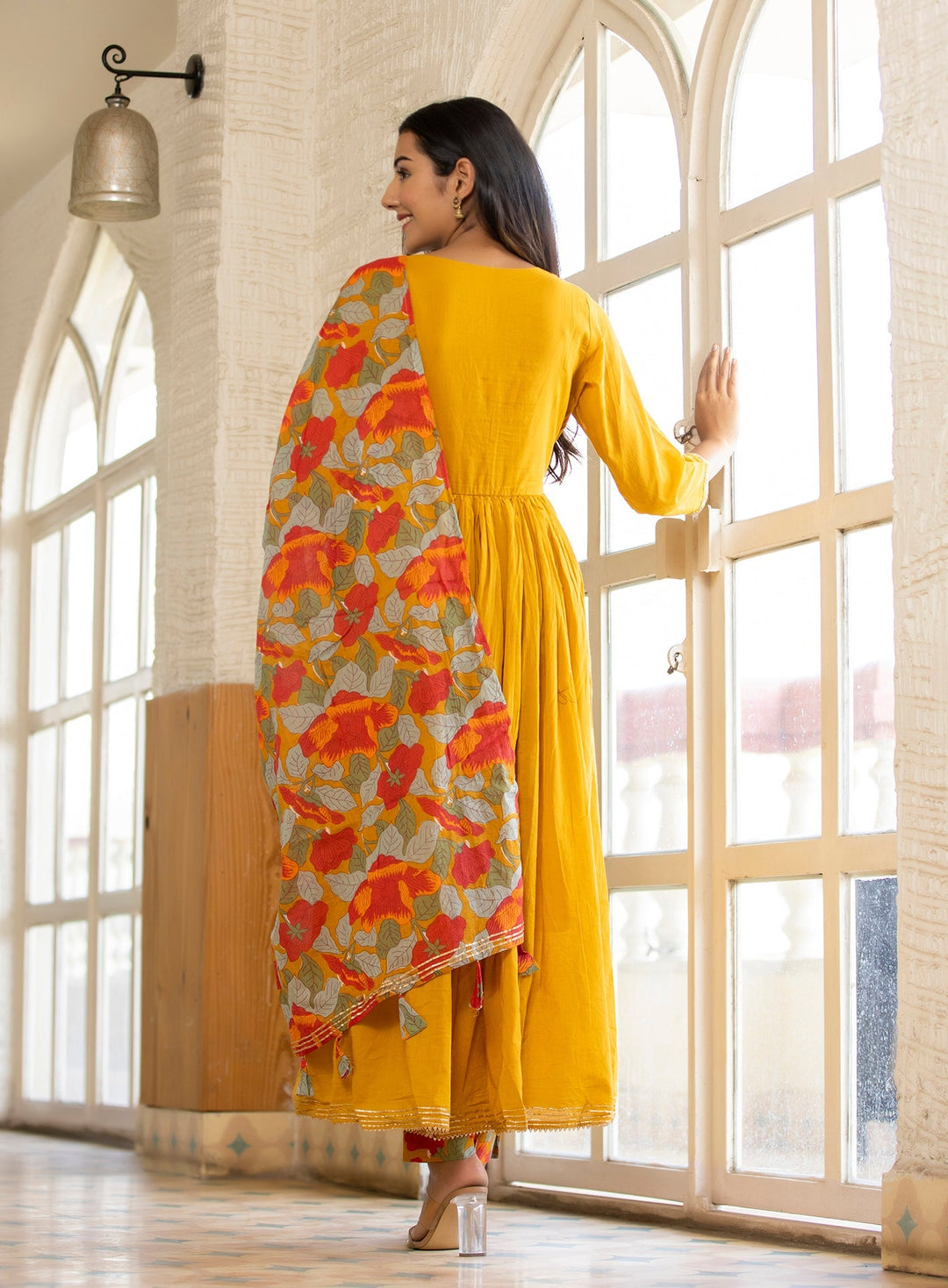 Yellow Floral Printed Embroidery Cotton Suit Set