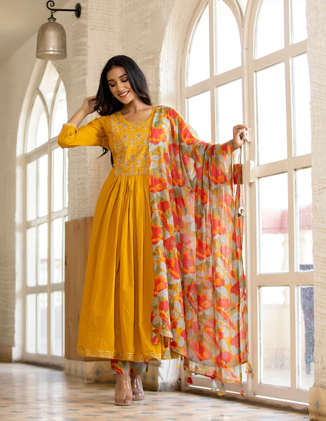 Yellow Floral Printed Embroidery Cotton Suit Set