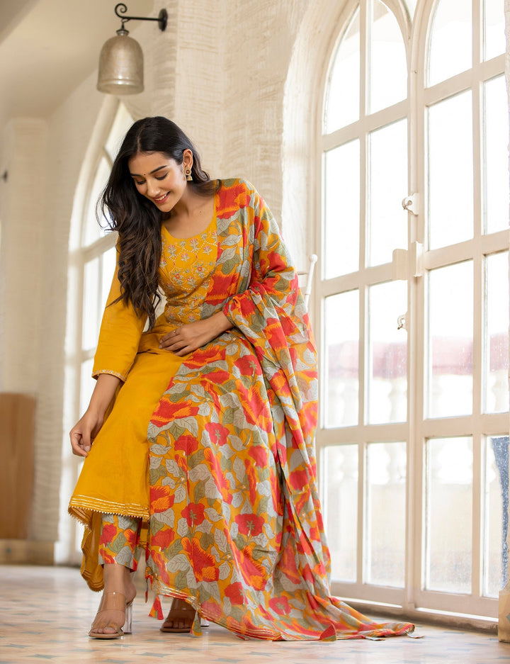 Yellow Floral Printed Embroidery Cotton Suit Set