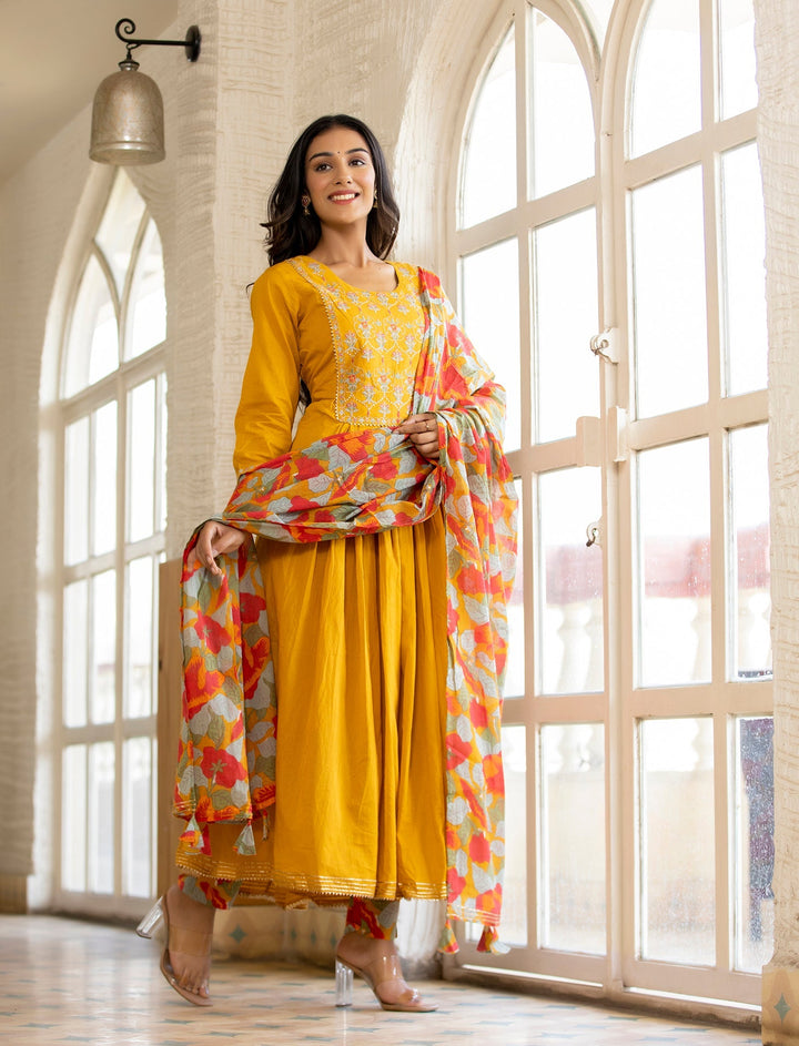 Yellow Floral Printed Embroidery Cotton Suit Set