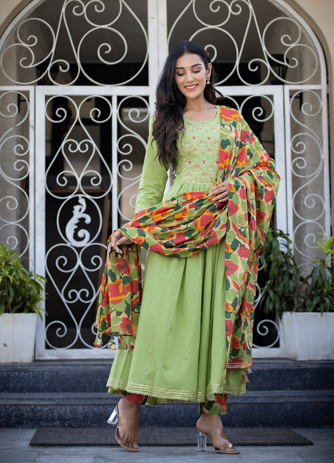 Green Floral Printed Embroidery Cotton Suit Set