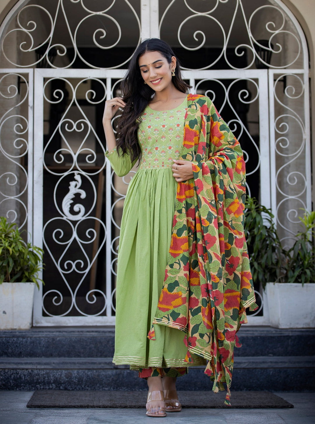 Green Floral Printed Embroidery Cotton Suit Set