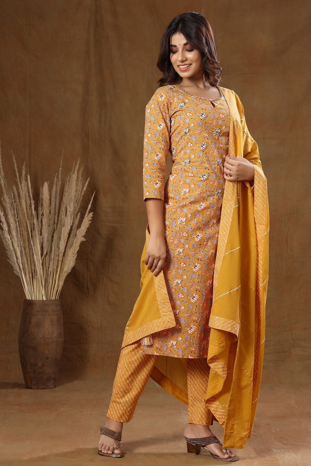 Mustard Floral Print Suit Set