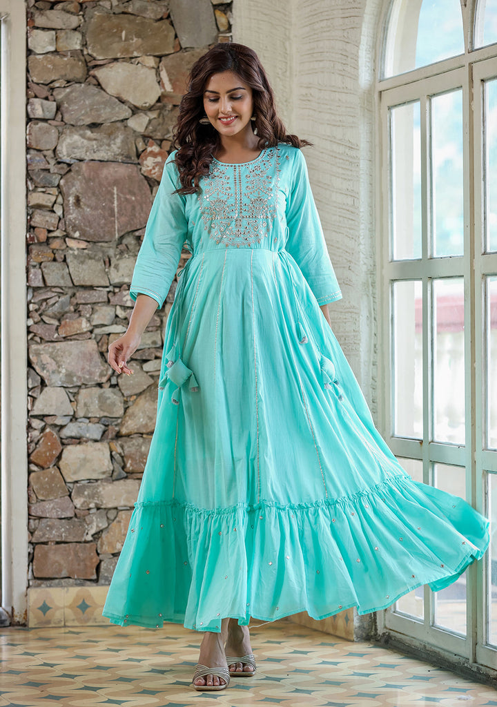 Green Mirror Embroidered Ethnic Gown