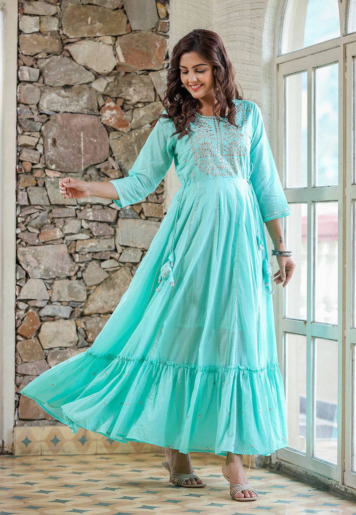Green Mirror Embroidered Ethnic Gown