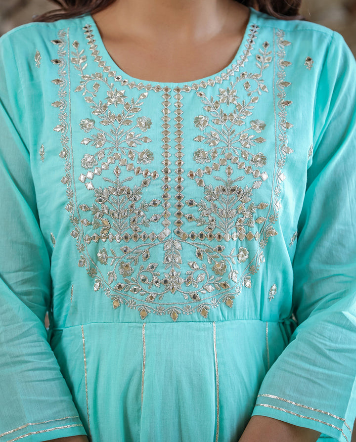 Green Mirror Embroidered Ethnic Gown