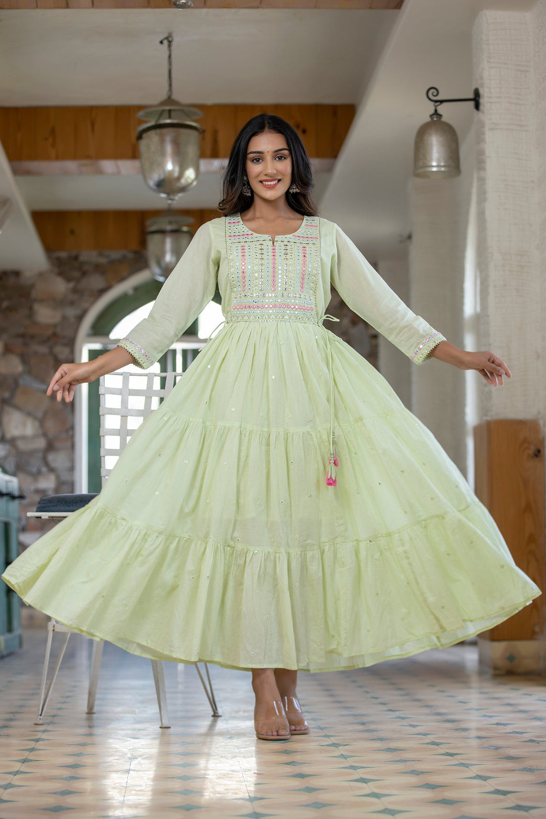 Green Mirror Embellishment Ethnic Gown