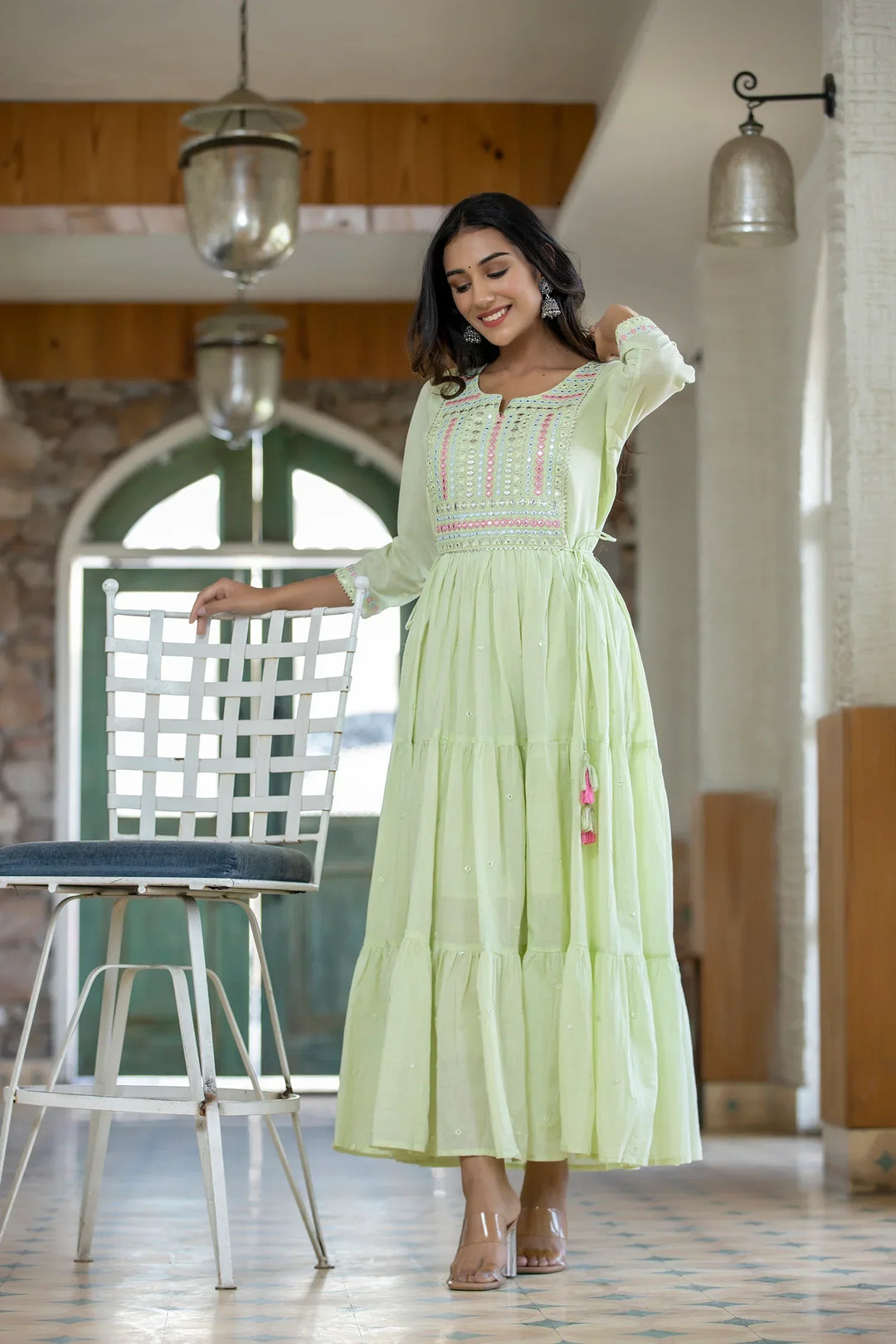 Green Mirror Embellishment Ethnic Gown