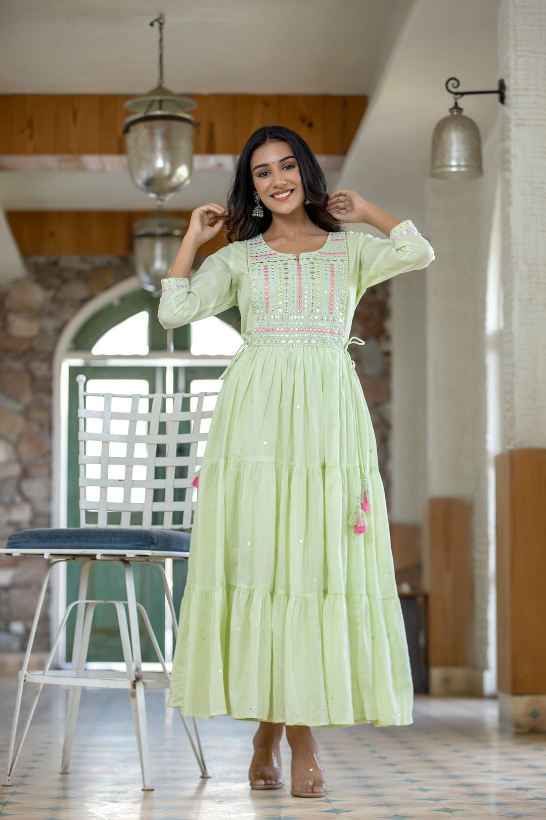 Green Mirror Embellishment Ethnic Gown