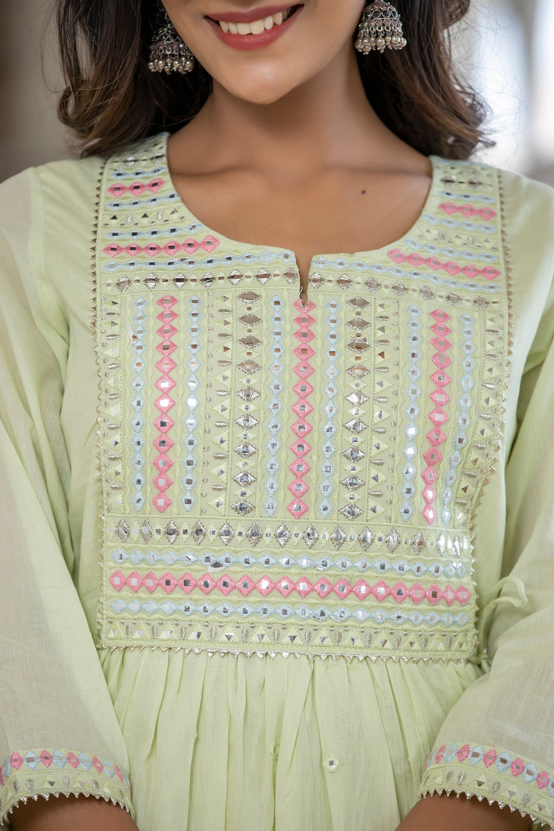 Green Mirror Embellishment Ethnic Gown