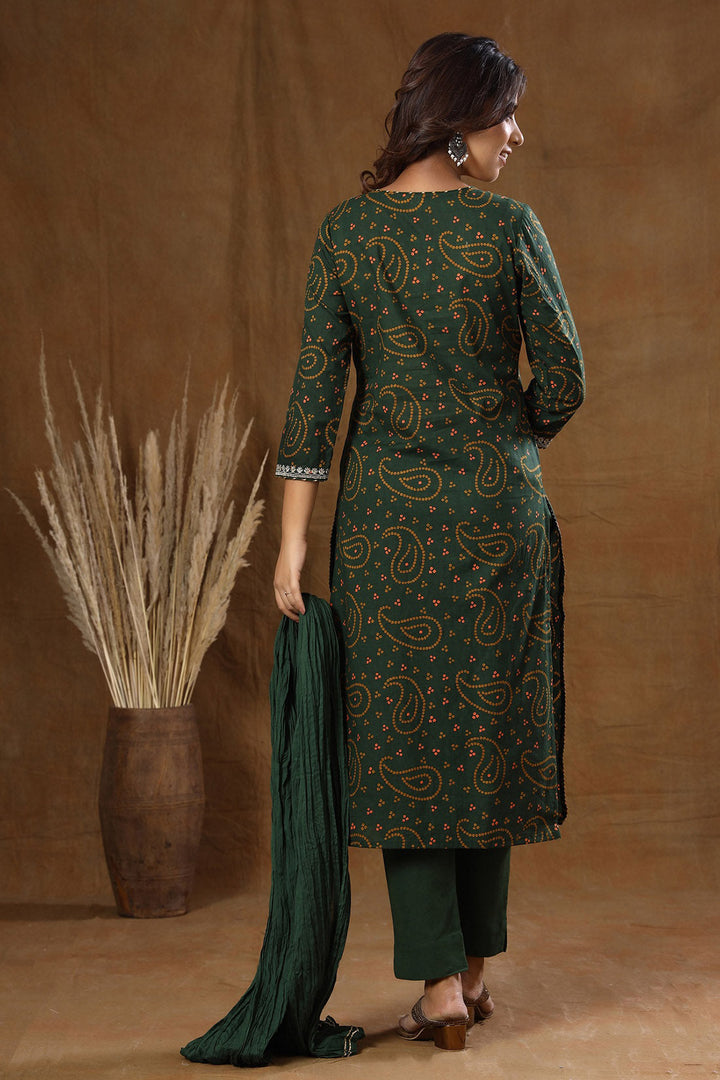 Green Bandhej Embroidery Suit Set