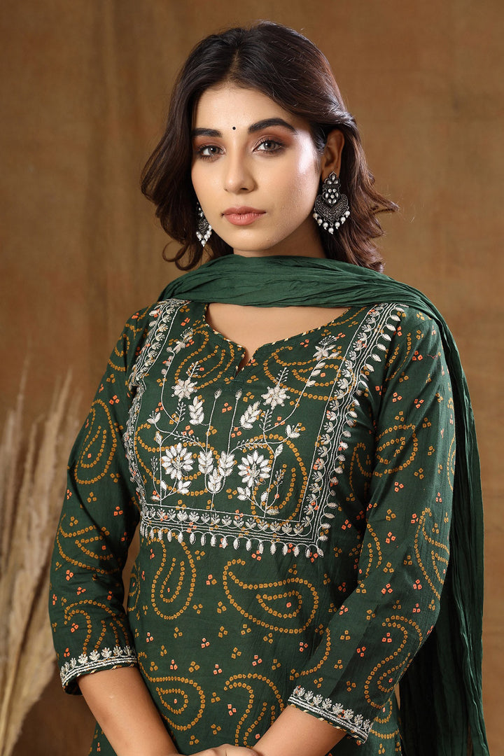 Green Bandhej Embroidery Suit Set