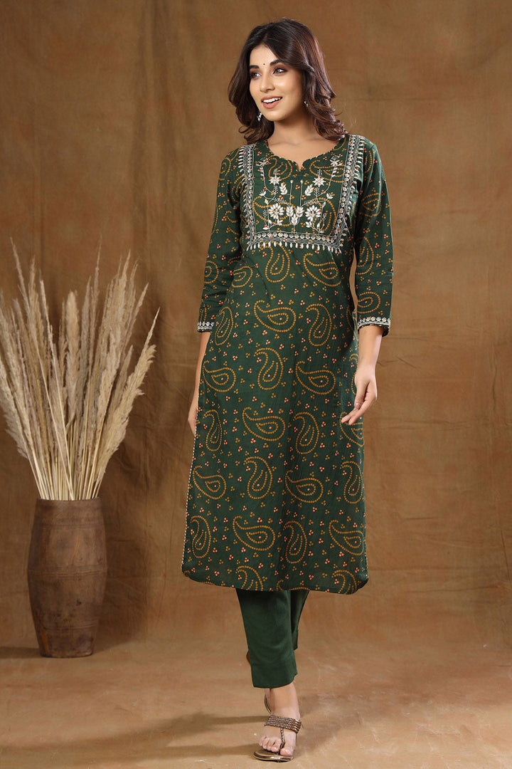 Green Bandhej Embroidery Suit Set