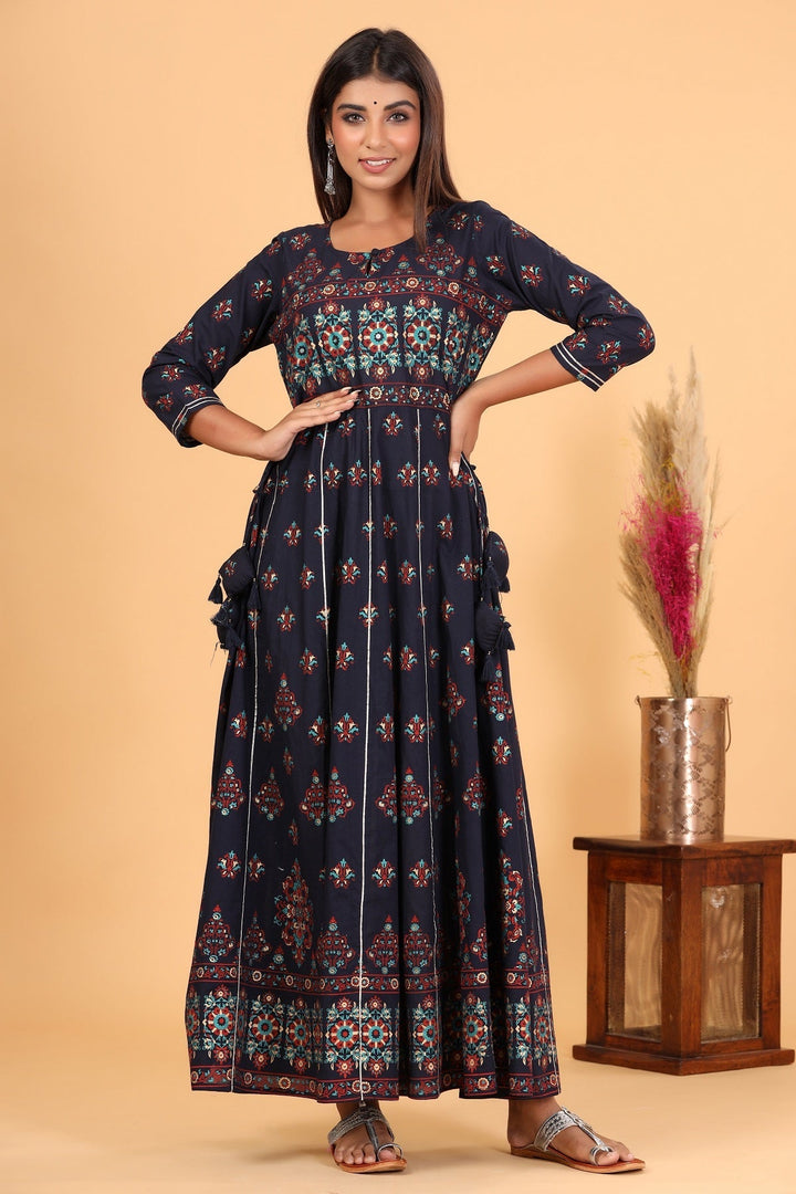Blue Printed Embroidered Cotton Ethnic Gown