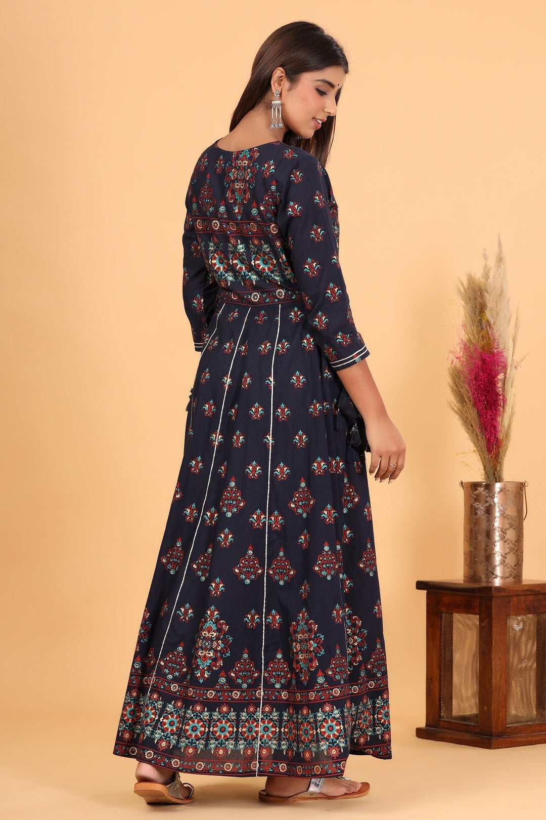 Blue Printed Embroidered Cotton Ethnic Gown