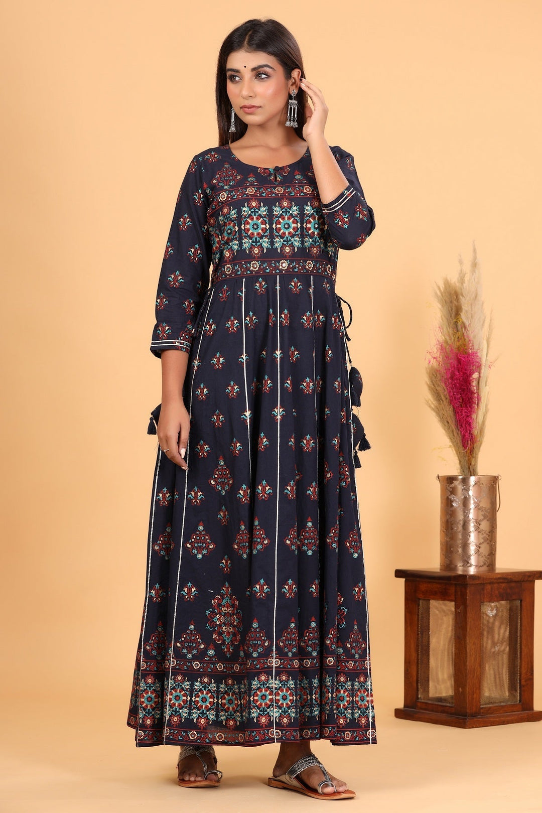 Blue Printed Embroidered Cotton Ethnic Gown
