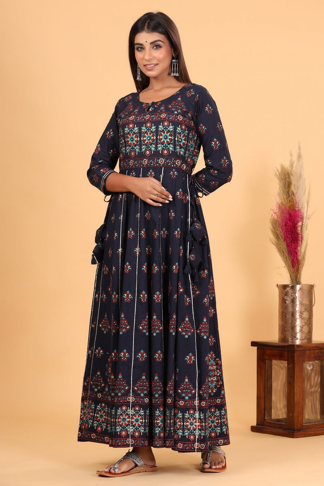 Blue Printed Embroidered Cotton Ethnic Gown