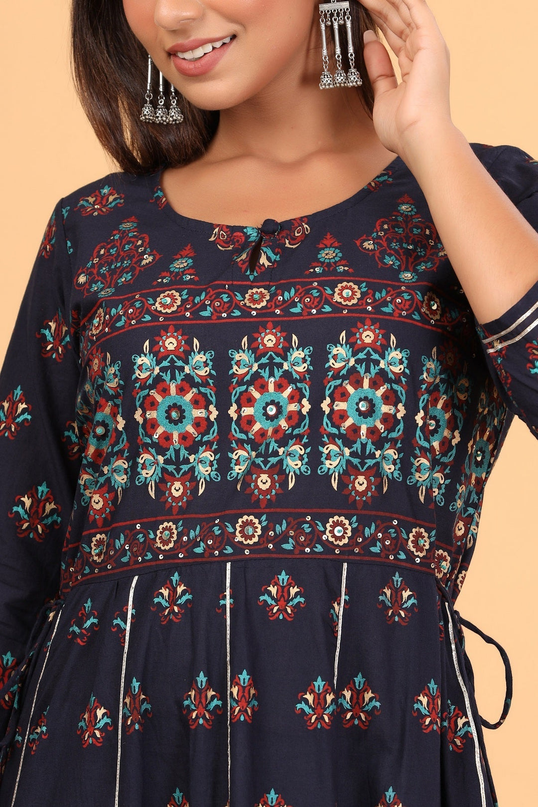 Blue Printed Embroidered Cotton Ethnic Gown