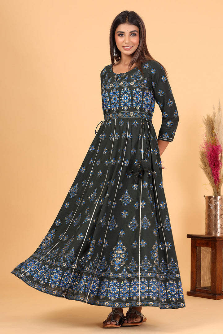 Green Printed Embroidered Cotton Ethnic Gown