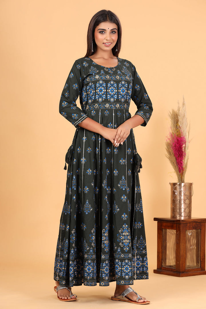 Green Printed Embroidered Cotton Ethnic Gown