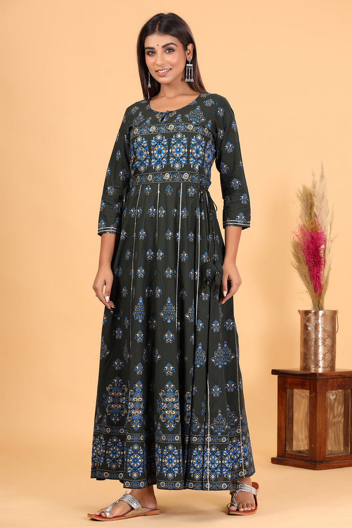 Green Printed Embroidered Cotton Ethnic Gown