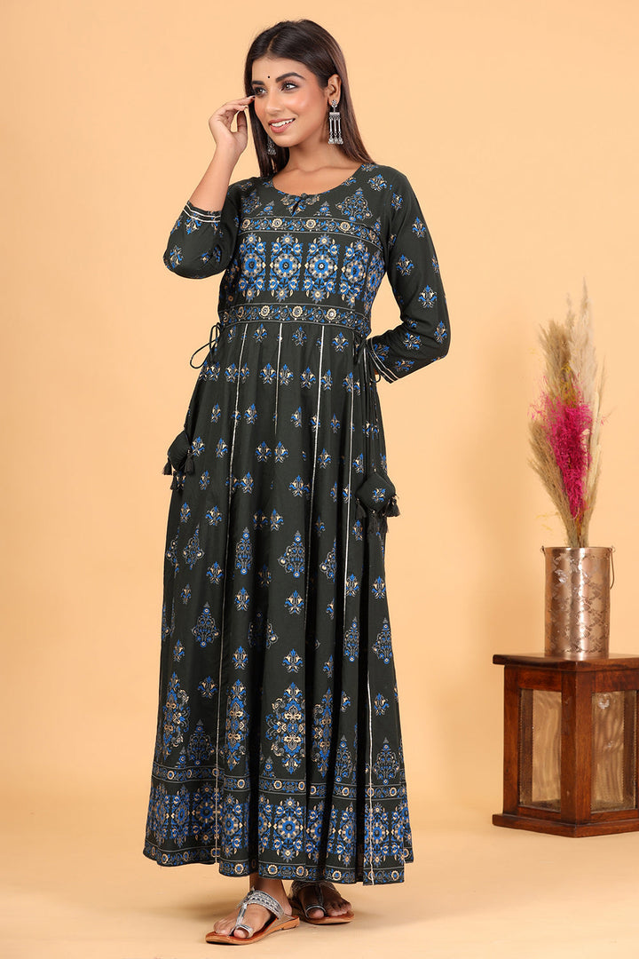 Green Printed Embroidered Cotton Ethnic Gown
