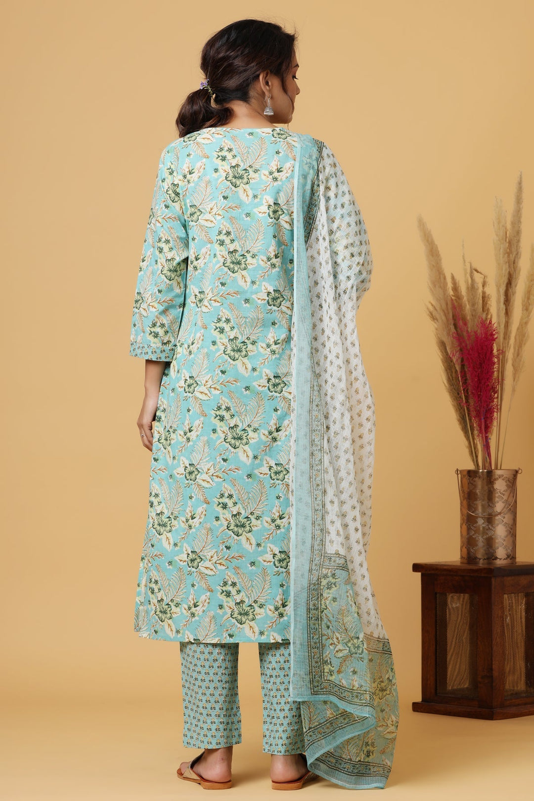 Green Floral Printed Cotton Suit Set