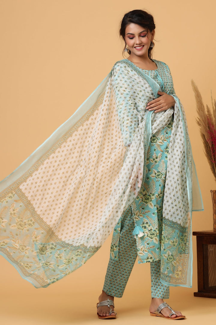 Green Floral Printed Cotton Suit Set