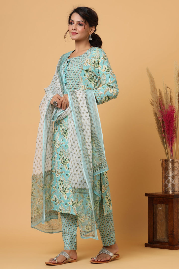 Green Floral Printed Cotton Suit Set