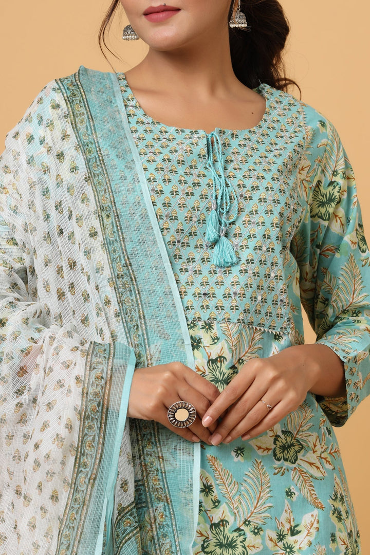 Green Floral Printed Cotton Suit Set