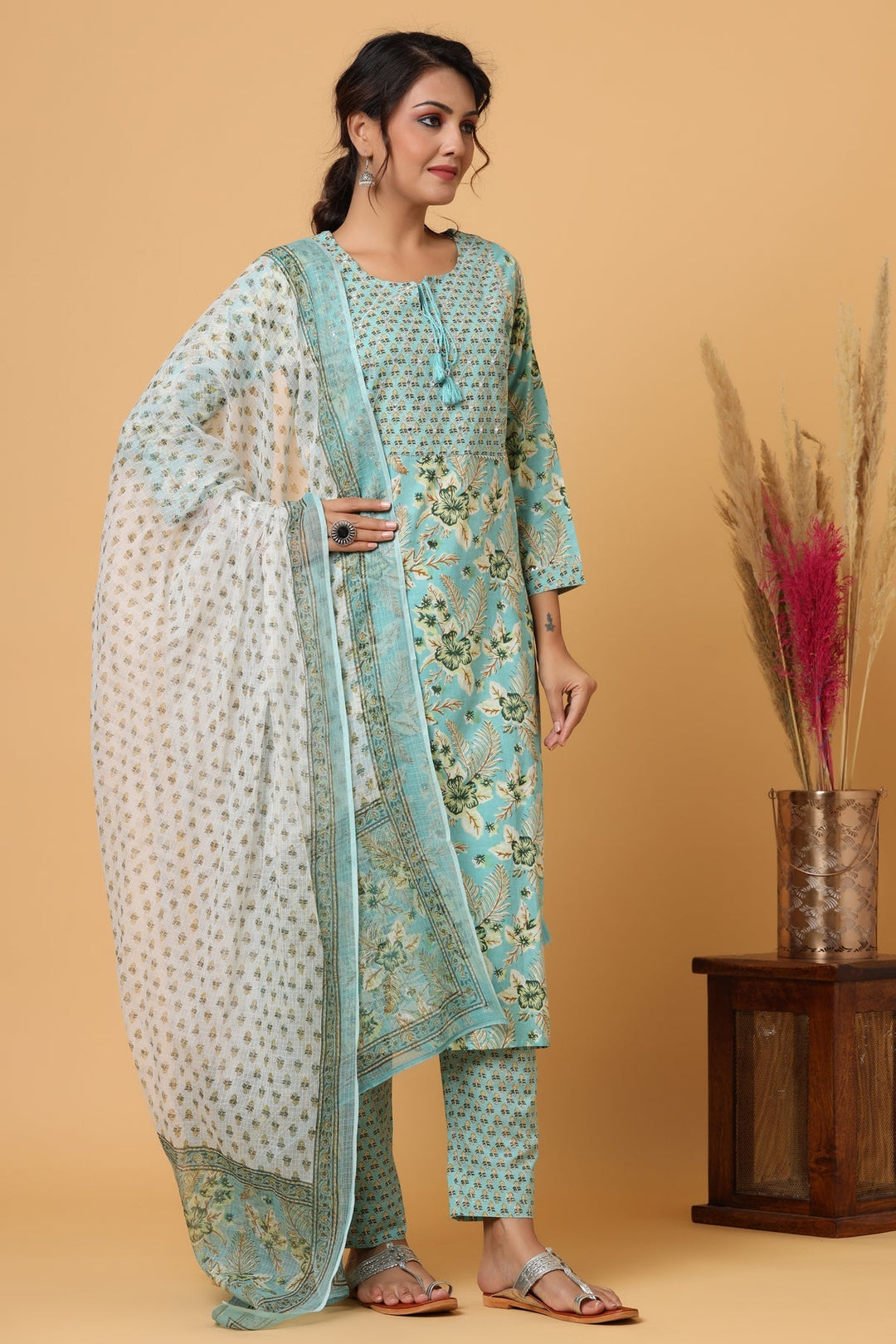 Green Floral Printed Cotton Suit Set