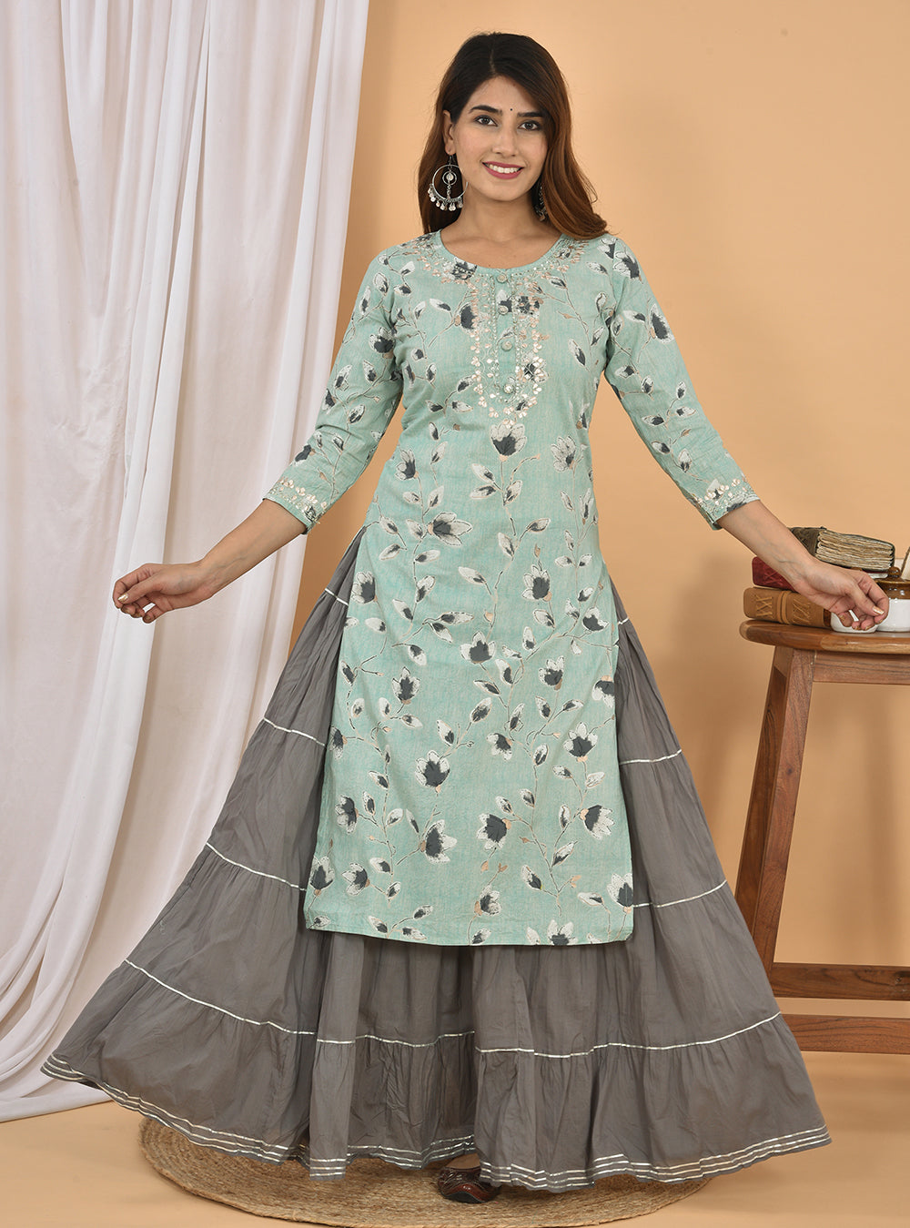 Grey Floral Printed Kurta Sharara Set