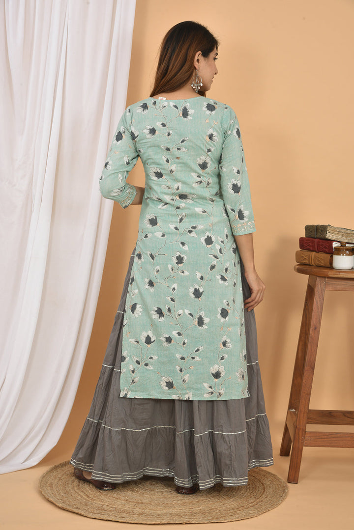 Grey Floral Printed Kurta Sharara Set