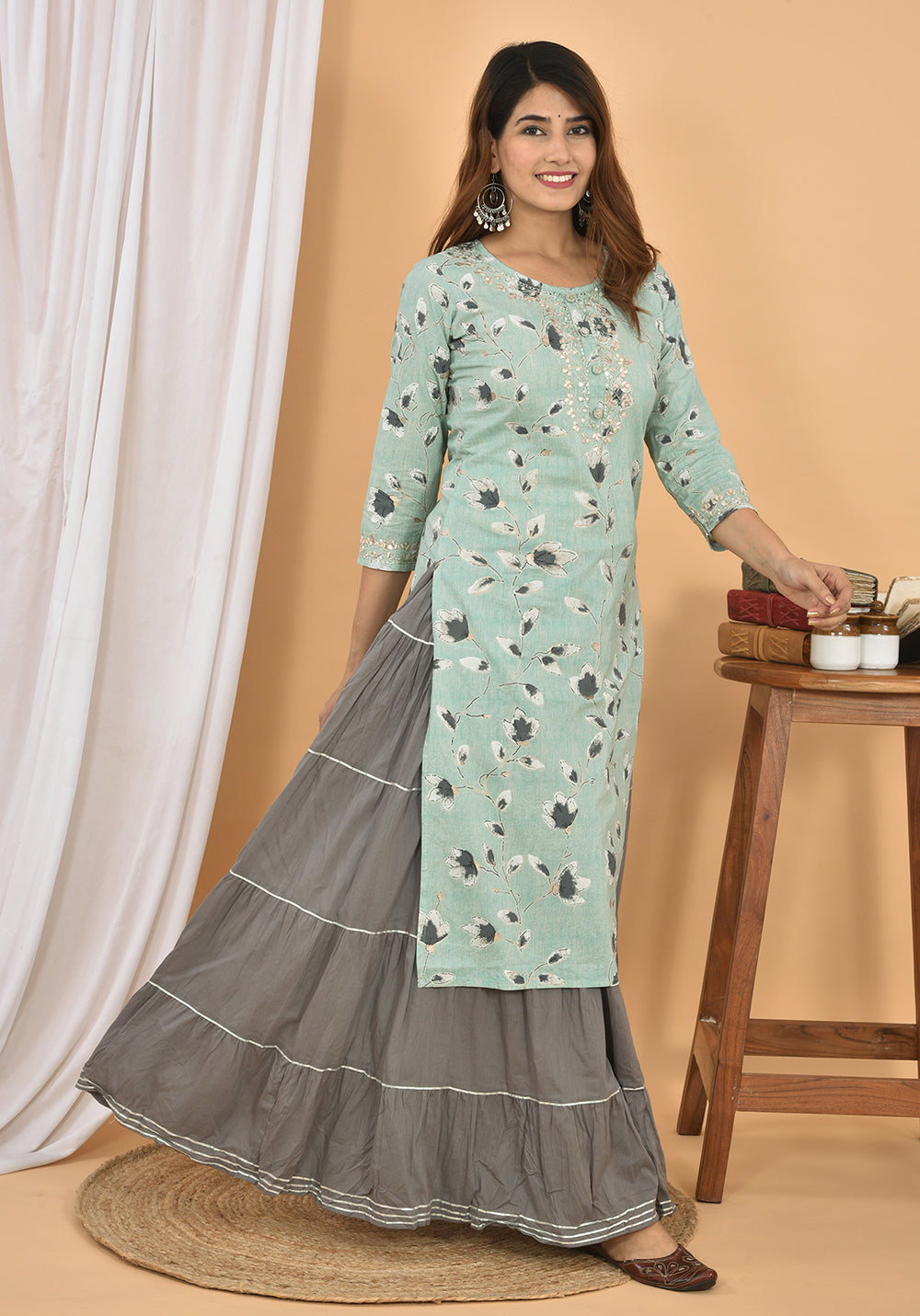 Grey Floral Printed Kurta Sharara Set