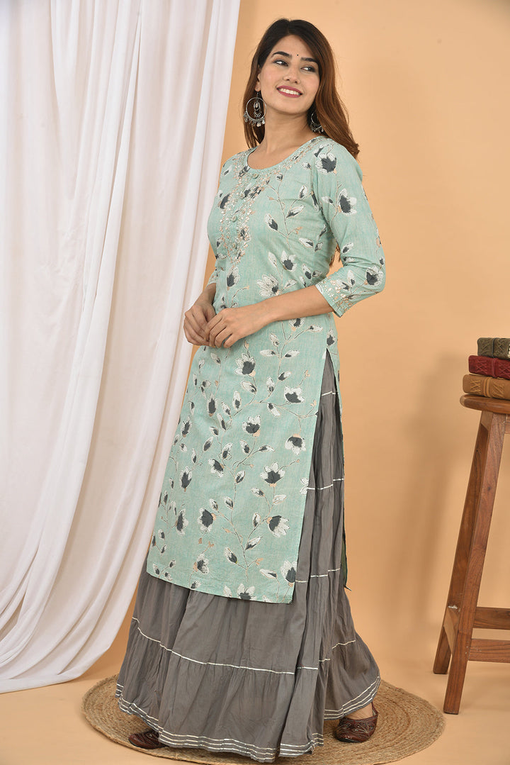 Grey Floral Printed Kurta Sharara Set