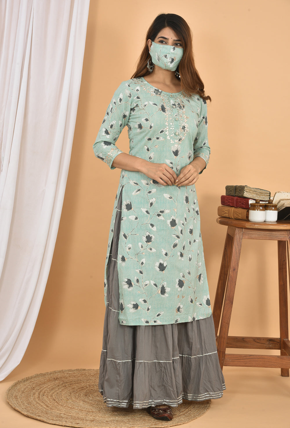 Grey Floral Printed Kurta Sharara Set