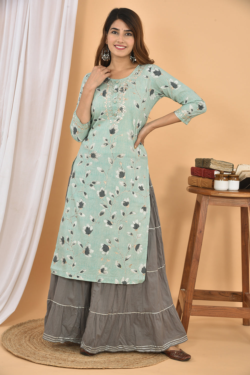 Grey Floral Printed Kurta Sharara Set