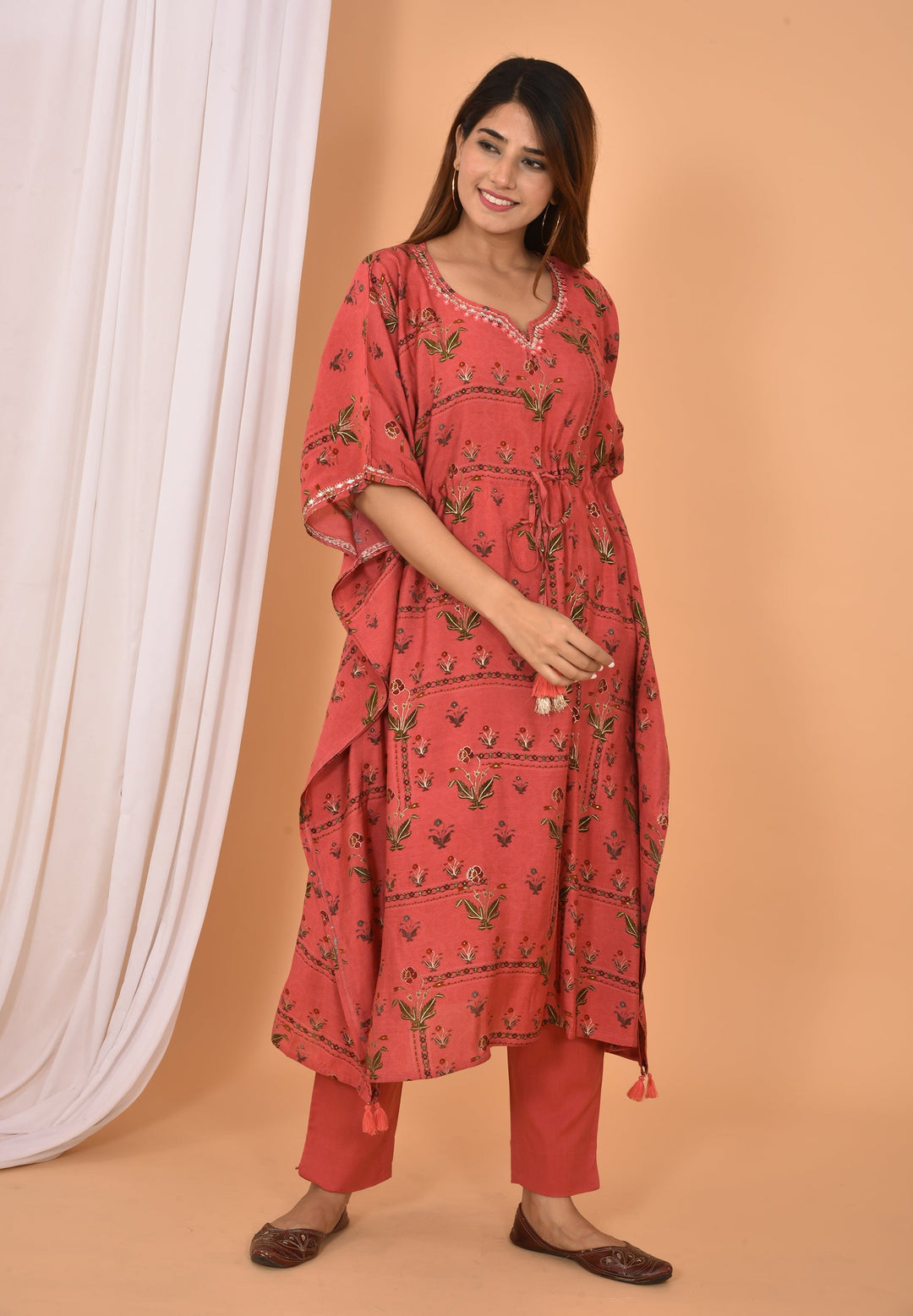 Red Mirror Embroidery Long Kaftan Pant Set