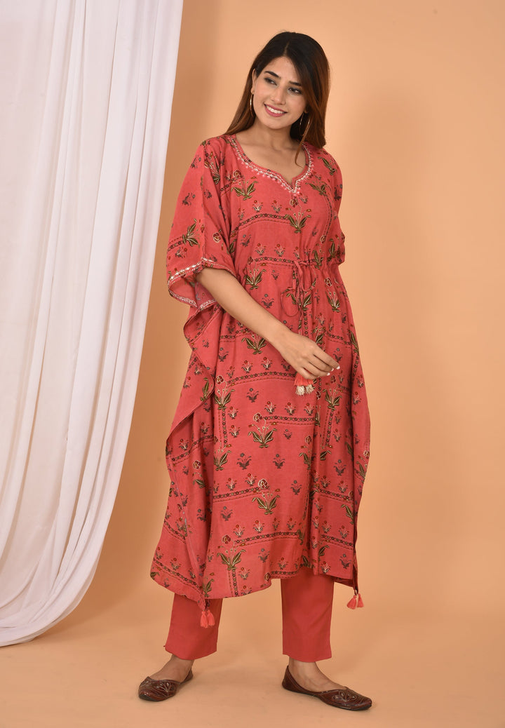 Red Mirror Embroidery Long Kaftan Pant Set