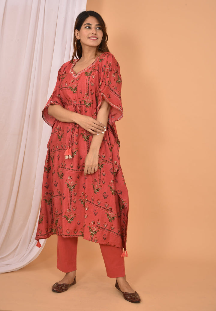 Red Mirror Embroidery Long Kaftan Pant Set