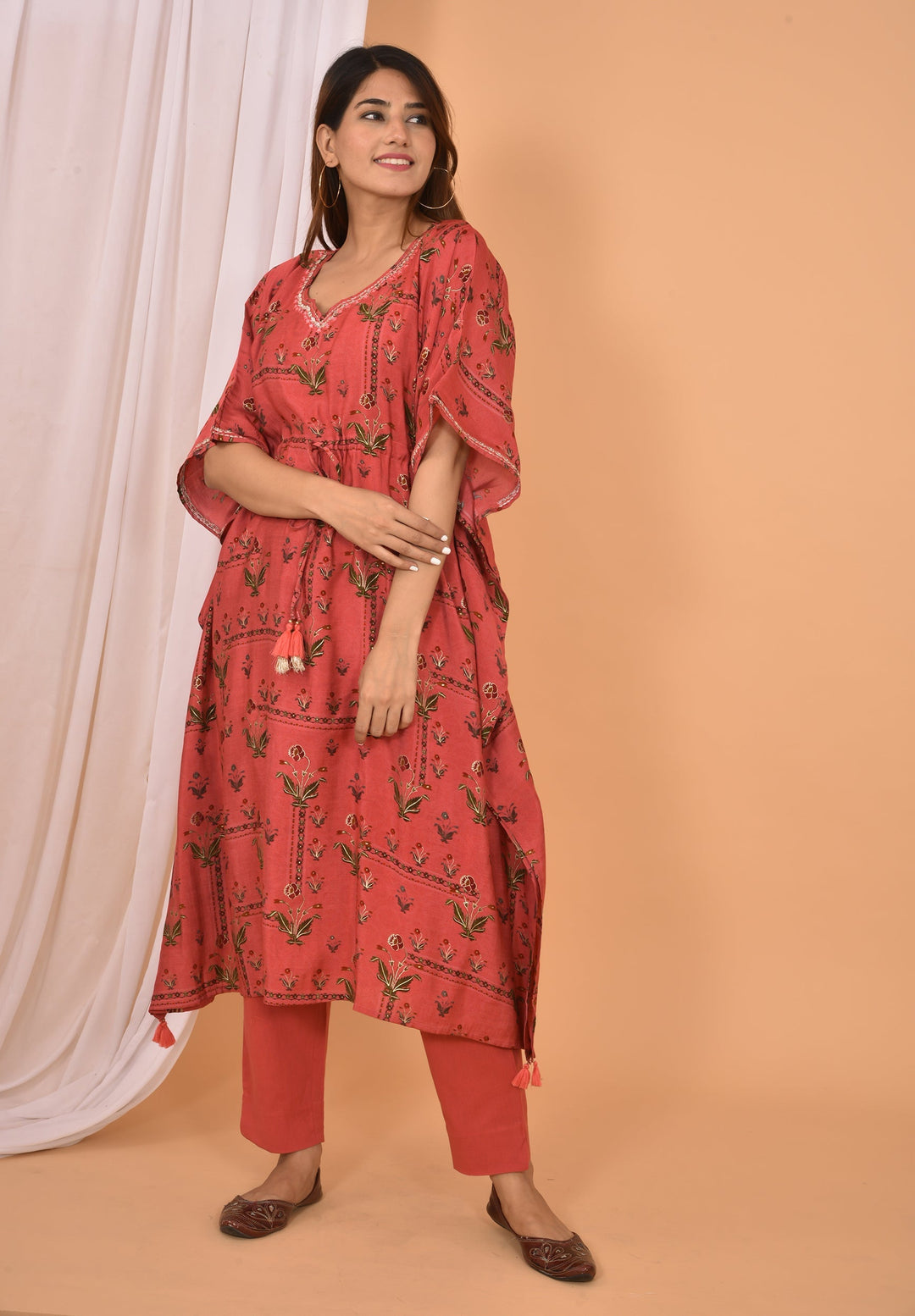 Red Mirror Embroidery Long Kaftan Pant Set