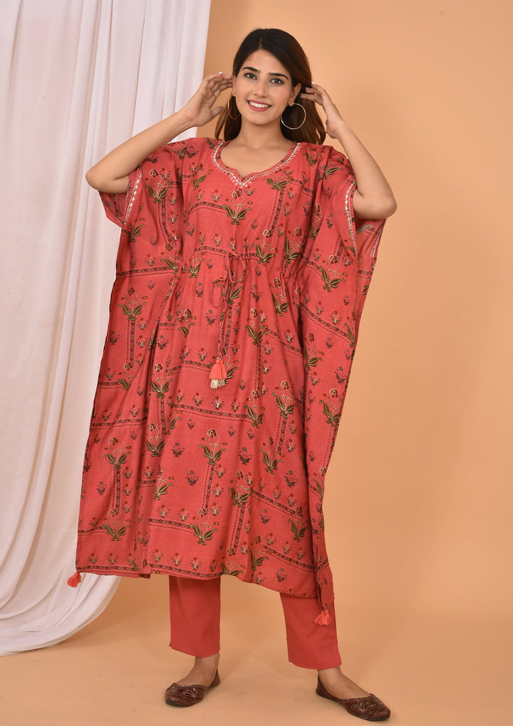 Red Mirror Embroidery Long Kaftan Pant Set