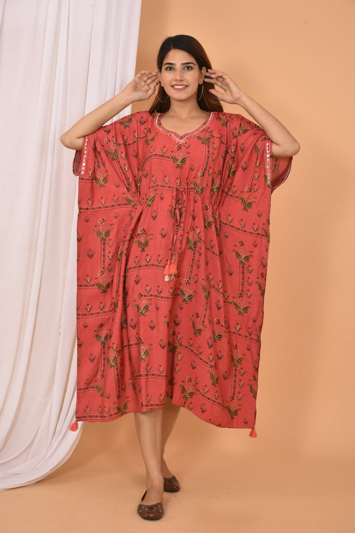 Red Mirror Embroidery Long Kaftan Pant Set