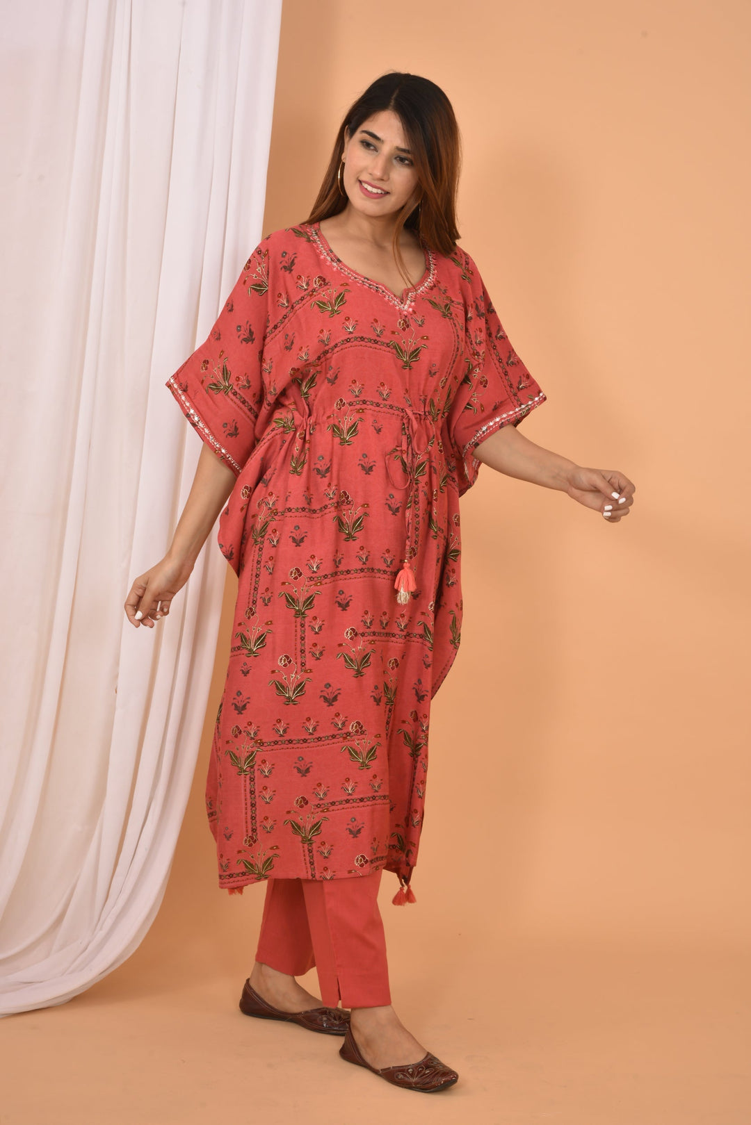 Red Mirror Embroidery Long Kaftan Pant Set