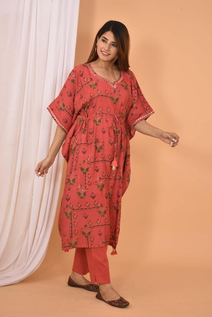 Red Mirror Embroidery Long Kaftan Pant Set
