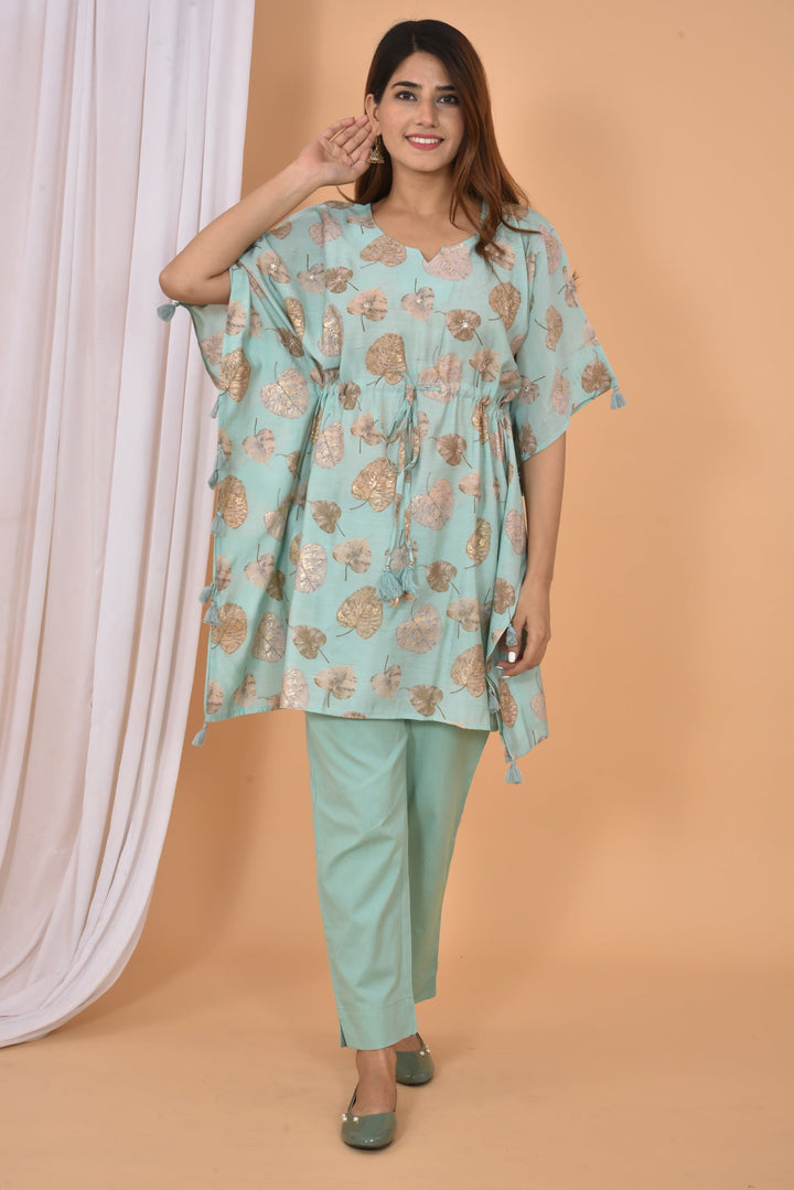 Green Mirror Printed Short Kaftan Pant Set